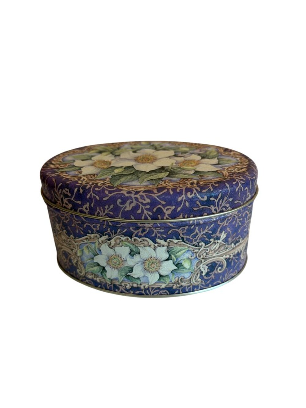 Floral Oval Metal Tin Keller Charles Decorative Storage Box Blue & White Design